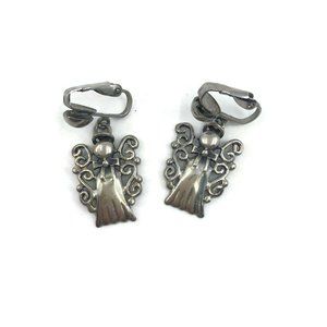 Sterling Silver Angel Clip On Dangle Earrings
